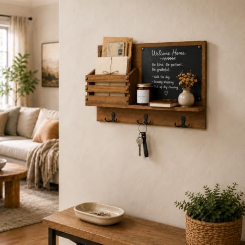 Key Holder for Wall, Mail Organizer Wall Mount, Chalkboard & 3 Double Hooks - Image 2