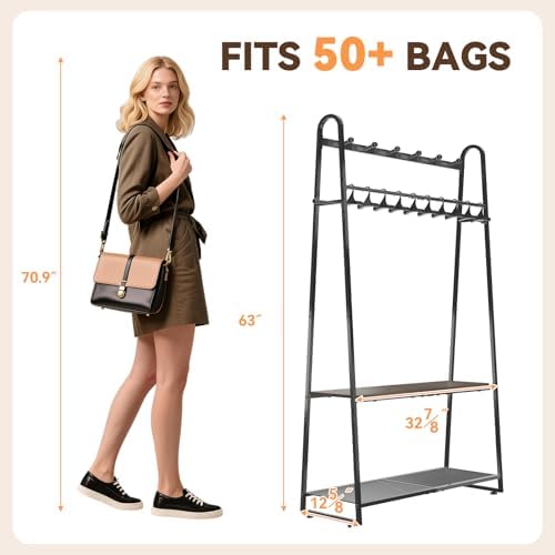 KAFAHOM Purse Organizer for Closet, Purse Rack - Tall Purse Shelf with 8 Hooks & 10 Removable Hangers to Hold Handbags, Backpacks, Pocketbooks., Perfect Purse Display Stand & Storage Tree,Black - Image 2
