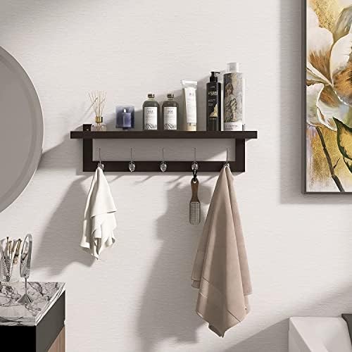 SMIBUY Coat Hooks with Shelf Wall-Mounted, 29.2 Inch Entryway Coat Rack for Wall, Bamboo Hanging Shelf with 5 Double Metal Hooks for Bathroom, Bedroom, Kitchen, Living Room, Mudroom (Dark Brown) - Image 4
