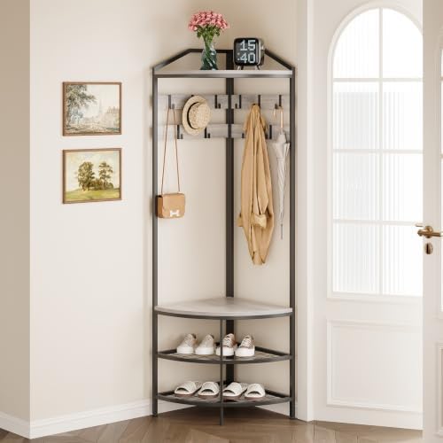 GiftGo Grey Corner Hall Tree with Shoe Bench Entryway Coat Rack with 10 Metal Movable Hooks Rustic Farmhouse Floorstanding Clothes Rack Shoes Shelf Organizer for Home Office Bedroom (Greige) by GiftGoDirect