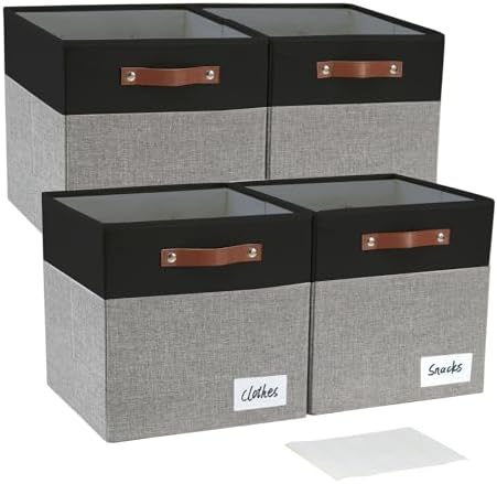 Bagnizer Collapsible Fabric Storage Cube Bins with 2 Reinforced PU Handles, Foldable Storage Organizer Baskets for Closet, Shelves, Living Room | 13"x13"x13", 4 Pack, Black & Gray by Bagnizer