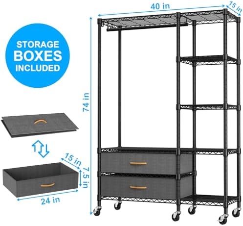 Ulif F3R Heavy Duty Clothes Rack（With Lockable Wheels）Freestanding Clothing Racks for Hanging Clothes，Adjustable Closet Organizer System，Portable Garment Rack 40"W x 15"D x 74"H，Max Load 700LBS，Black - Image 2