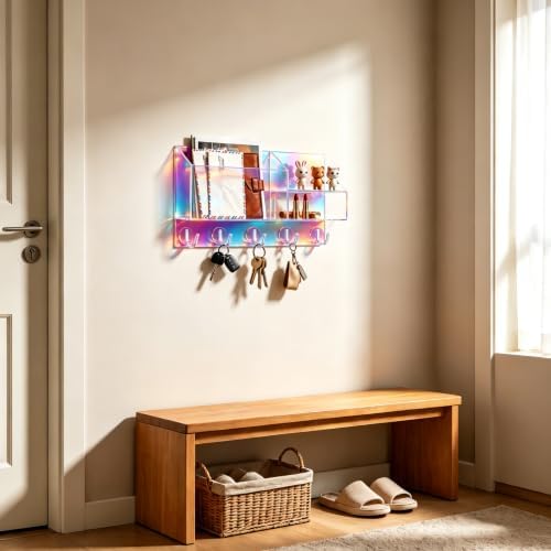 Acrylic Key Holder Wall Mount Mail Organizer for Wall with Shelf Storage Drawer and 5 Hooks, Iridescent - Image 4