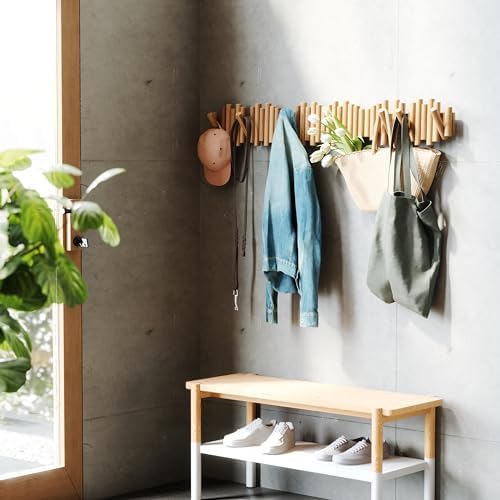 Umbra Picket Wall-Mounted Coat Rack Rail Hook with 5 Retractable Wood Pegs – Modern, Space-Saving Storage Organizer, Natural (Pack of 3) - Image 3