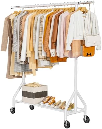 HYSEYY Heavy Duty Clothes Rack Load 450 LBS, Metal Garment Rack, Standing Rolling Clothing Rack for Hanging Clothes with Sturdy Wheels & Shelves, Portable Closet Wardrobe Rack,White by HYSEYY