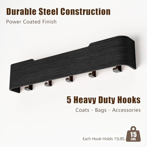 Coat Rack Wall Mount with Hidden Hooks, Wall Hooks with Shelf, Wall Key Holder Mount Wooden Shelf Entryway Hooks for Bedroom Bathroom for Hanging Coats Hats Bags Towels (Black, 5 Hooks) - Image 6