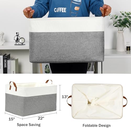 DULLEMELO Extra Large Storage Baskets for Organizing 22"x15"x13" Foldable Fabric Storage Baskets Organizer Bins with Handles Large Storage Basket for Shelves Closet Toys Books (White&Grey) - Image 2