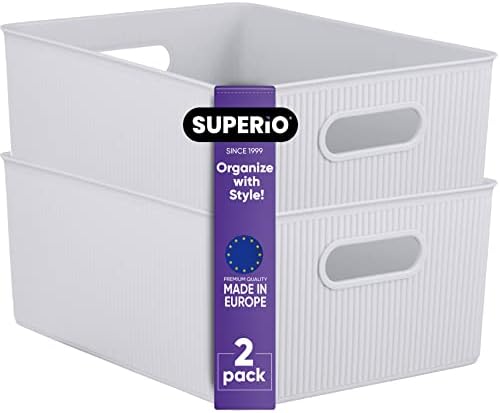 Superio Ribbed Collection - Decorative Plastic Basket Open Home Storage Bins Organizer, Large White Smoke (2 Pack) Container Boxes for Organizing Closet Storage Bins for Shelves 15 Liter/16 Quart by Superio