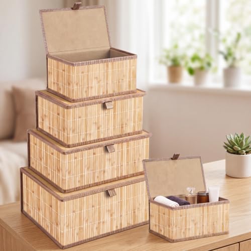 Newtay Set of 5 Large Bamboo Decorative Storage Boxes with Lids by Newtay