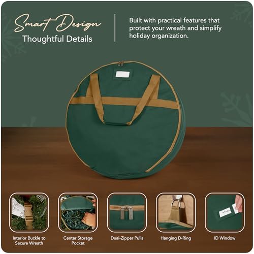 Covermates Keepsakes Wreath Storage Bag – Heavy-Duty Polyester with Buckle Straps & Interior Pouch – Protective Holiday Wreath Organizer with Handles, D-Ring & Label Window, Green - Image 4
