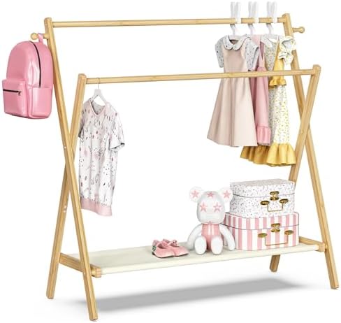 BAMBOOHOMIE Kids Clothing Rack With Storage Shelf & Double Rods, Foldable Dress Up Clothes Rack for Toddler Nursery, Child's Room, 100% Natural Bamboo (Large Size) by BAMBOOHOMIE