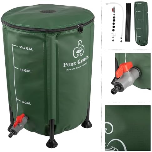 Rain Barrel - 13.2-Gallon/50-Liter Collapsible Water Container for Catching Rainwater - Portable Water Tank with Outflow Valve by Pure Garden (Green) - Image 6