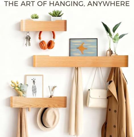 Coat Rack Wall Mount with Shelf Entryway Shelf Modern Key Holder Hanger Wall Shelves with Hidden Hooks for Hanging Towels Coats Hats Bags for Hallway Bathroom Bedroom(Oak, 4 Hooks) - Image 3