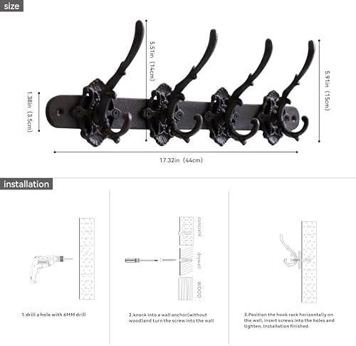 Cast Iron Wall Mounted Coat Hooks -Coat & Hat Organizer Hooks for Home Entryway 4 Hooks - Image 3