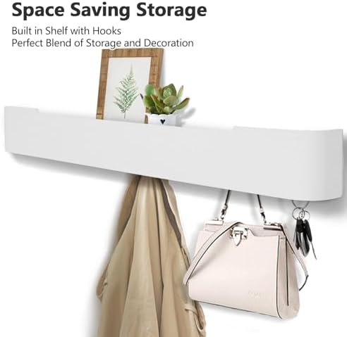 Coat Rack Wall Mount with Shelf 8 Hidden Hooks Modern Wooden Key Holder Entryway Organizer for Hallway Bedroom Bathroom Home Decor Storage for Hanging Coats Hats Bags Towels, White - Image 2