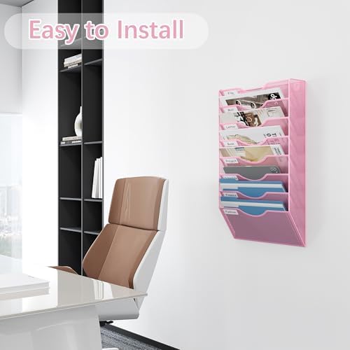 EasyPAG 8 Pocket Mesh Wall File Organizer, Hanging Paper Folder Holder with Classify Label, Vertical Wall Mount Mail Organizer for Office Home Classroom, Pink - Image 4