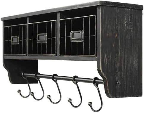 BizChair Wall Mounted Storage Rack - Blackwashed Solid Pine Wood - 24 Inch - Upper Shelf - 5 Hooks - Wire Baskets - For Entryway, Kitchen, Bathroom by BizChair