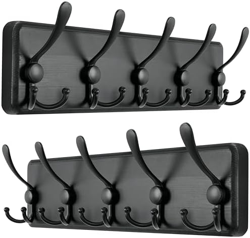 Dseap Coat Rack Wall Mounted - 5 Tri Hooks, Heavy Duty, Wooden Wall Coat Hanger Coat Hook for Clothes Hat Jacket Clothing, Black, Pack of 2 by Dseap