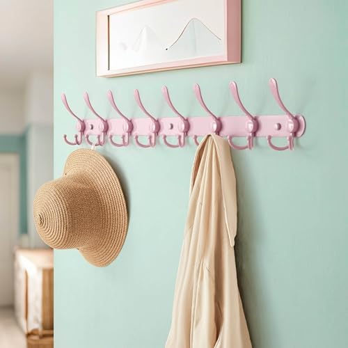 Dseap Coat Rack Wall Mount - 29.5” Long 8-Tri-Hooks Heavy Duty Coat Hanger Rail Wall Hooks for Hanging Coats Hats Clothing Clothes Purse Mudroom Entryway, Pink - Image 3