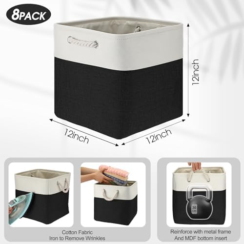 meekoo 8 Pack Fabric Storage Bins Baskets, 12 x 12 x 12 in, Black White - Image 3