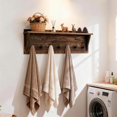 WEBI Coat Rack Wall Mount with Shelf,30" Long Entryway Wall Shelf with Hooks Underneath,7 Peg Hooks for Hanging Coats,Caps,Jacket,Clothes,Brown - Image 6