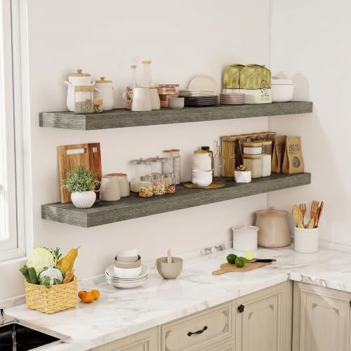 Acovy 72 Inch Floating Shelves, 12" Deep Floating Shelf Wall Mounted, 72" Wall Shelves, Rustic Deep Bookshelf, Extra Deeper & Thicker Display Shelves for Bedroom, Living Room, Set of 2 - Image 2