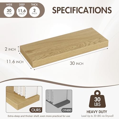 Acovy 30 Inch Floating Shelves, 12" Deep Floating Shelf Wall Mounted, 30" Wall Shelves, Rustic Deep Bookshelf, Extra Deeper & Thicker Display Shelves for Bedroom, Living Room, Oak, Set of 2 - Image 3