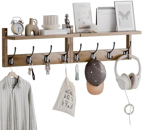 STELLSTAR Coat Rack with Shelf Wall Mount, Entryway Bamboo Hanging Shelf, Set of 2, Wall Hook Rail for Hallway Décor, Storage Clothe, Hat, Robe, Key, Dog Leash (Walnut) by STELLSTAR