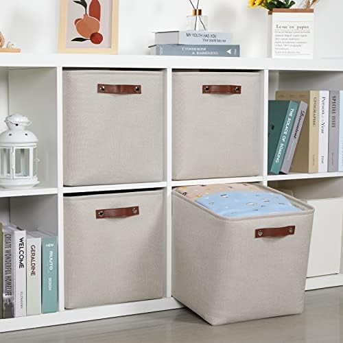 DULLEMELO Storage Bins, 4 Pack Of 13x13x13 Decorative Storage Cube Bins Suit Office, Home, Shelves And Closet, Cube Storage Bin with Leather handle(4 Pack - 13" Beige) - Image 7
