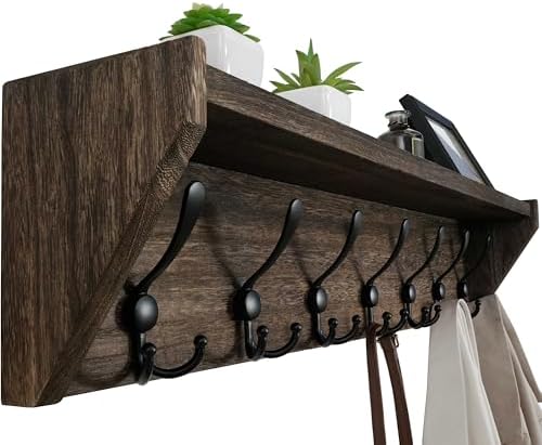 WEBI Coat Rack Wall Mount with Shelf,35" Long Wall Shelf with Hooks Underneath,7 Triple Hooks for Entryway,Hallway,Bedroom,Weathered Brown by WEBI