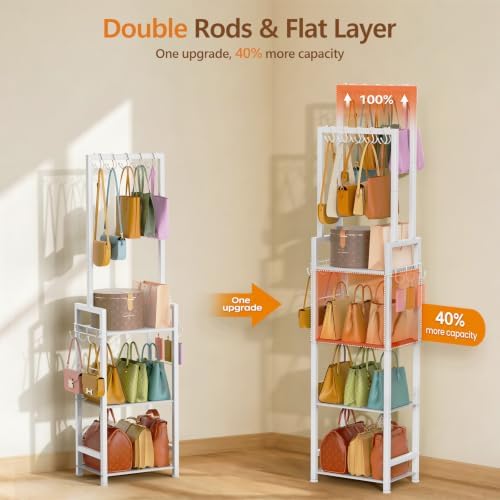 Tall Purse Organizer for Closet: 4-Tier Double Rods Purse Rack Stand,White - Image 2