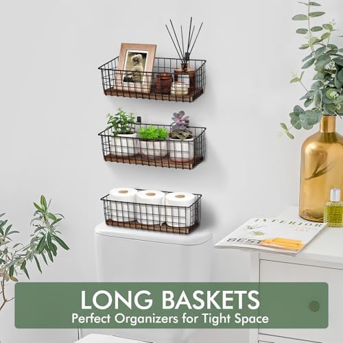 Wall Hanging Baskets, 3 Wooden Wire Bins with Hooks & Adhesive Mount(Extra) - Image 6
