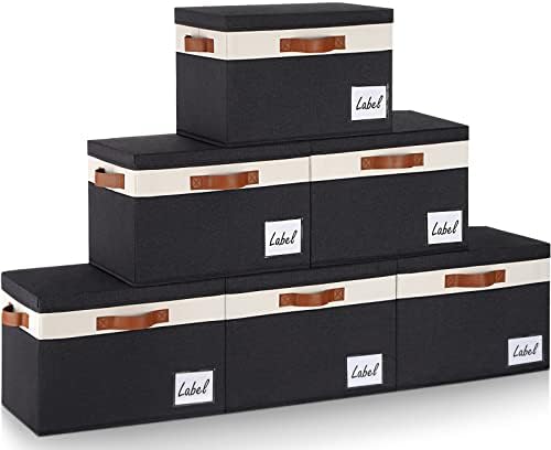 GhvyenntteS Fabric Storage Bins with Lids 6 Pack, Foldable Fabric Storage Baskets with Lid and Handles, Large Closet Organizers and Storage boxes with Label for Home Office (Black, 15" x 11" x 9.7") by GhvyenntteS