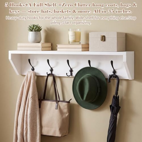 Geelin 35 Inch Wall Shelf with Hooks and Shelf Organizer Wall Mount Coat Rack with 5 Triple Hooks for Hanging for Entryway, Hallway, Bathroom, Living Room, Bedroom, White - Image 3