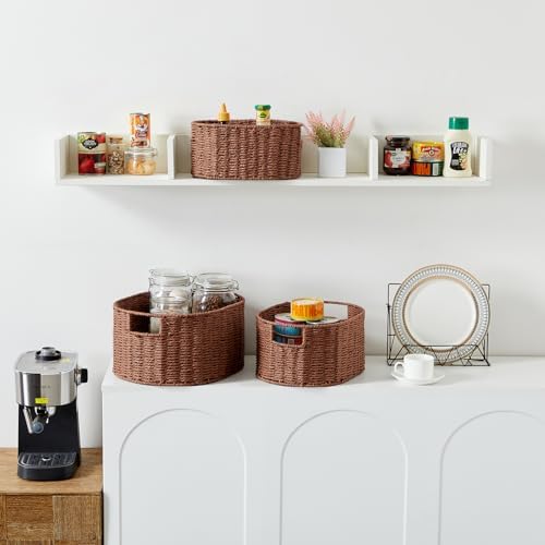 Vagusicc Wicker Storage Basket, Set of 3 Hand-woven Storage Baskets for Organizing, Round Large Wicker Baskets for Storage Decor, Pantry Storage Cubes Organization Baskets for Shelves, Brown - Image 3