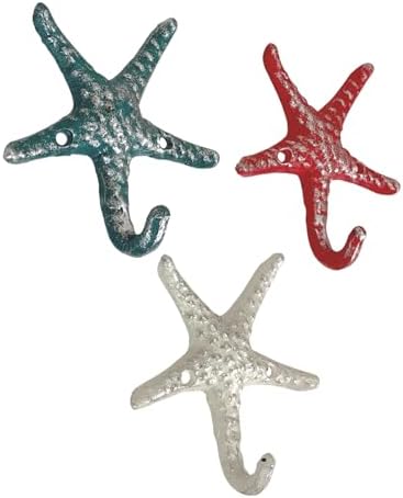 Zeckos Set of 3 Starfish Wall Hooks, Blue and Coral Orange, 4.5 Inch - Image 2
