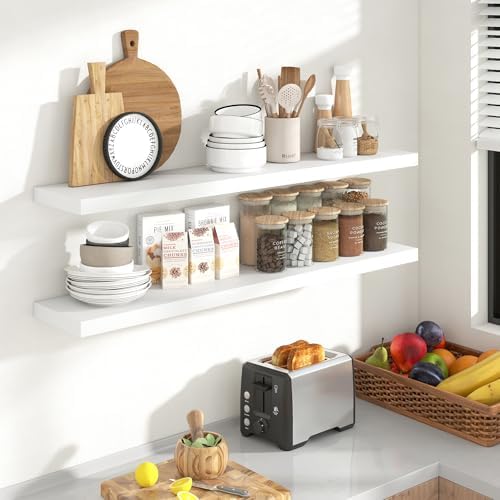 Acovy 48 Inch Floating Shelves, 8 Inch Deep Floating Shelves for Wall, Hanging Shelf with Invisible Brackets, Deep Shelves for Bathroom, Bedroom, Living Room, White, Set of 2 - Image 3