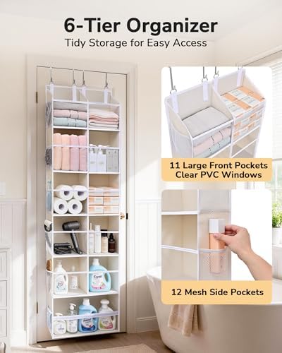 ULG Over the Door Organizer, 6-Tier Hanging Storage with Clear Windows, 19 Pockets for Closet,Bathroom & Nursery Door Organizer - Image 3
