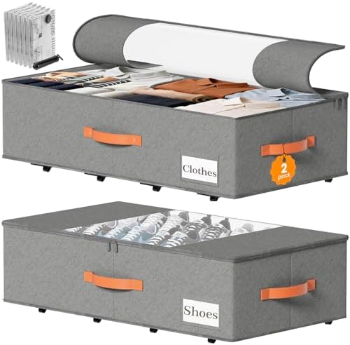 TOSKING 2-Pack Under Bed Storage Drawers with Wheels, 6 Vacuum Bags, 7.9" Height, Large 65L/80 lbs Clear Lid Rolling Bin, 900D Oxford, Space Saver for Dorm Bedroom, Blankets, Clothes, Shoes, Gray by TOSKINGESSENCE