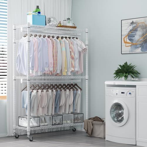Homdox 3 Tier Heavy Duty Garment Rack with Wheels, Adjustable Wire Clothes Rack with Double Hanging Rods, Portable Closets for Hanging Clothes with Side Hooks, White - Image 3