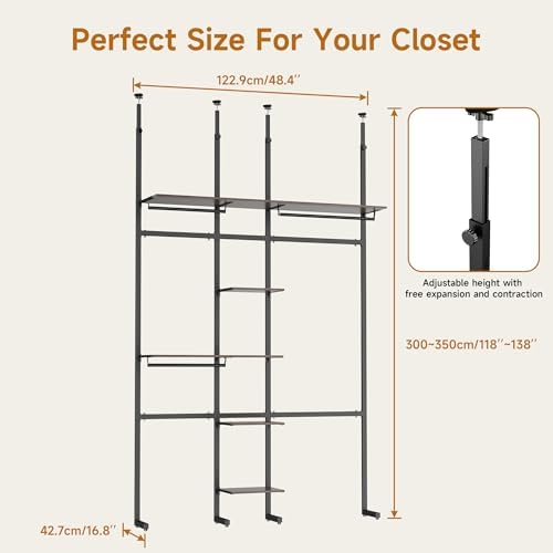 MZG Closet Organizer System, Freestanding Closet System with Wood Shelves & Hanging Rod, Adjustable Floor-to-Ceiling Open Wardrobe for Bedroom, Apartment & Walk-In Closet (16.8" D x72.1 W x 137.9" H) - Image 7