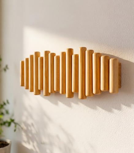Modern Wooden Wall Mounted Coat Rack, 5-Hooks, Decorative Wall Hooks for Purse, Bags & Hats, Heavy Duty, Sturdy, Natural Pine Wood, Pull Down Hooks, Easy to Install - Image 3