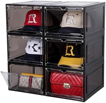 Attelite Hat Organizer for Baseball Caps, set of 6, Stackable Hat Storage Box With Transparent Magnetic Door, Hat Rack, Easy to Assemble Stylish Display(Clear Black) by Attelite