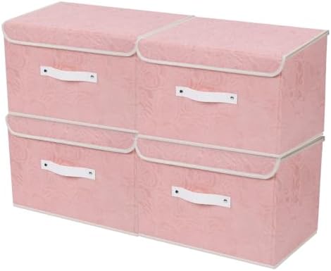 ANMINY Fabric Storage Box Bins with Lids, Rose Print, Pink, 4PCS Medium by ANMINY