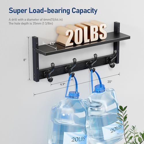 Tatub 20" Rustic Coat Rack Wall Mount with Shelf, Wall Hooks with Shelf, Heavy Duty Entryway Organizer Hangers for Hanging, Hat, Bag, Jacket for Bathroom, Living Room, Bedroom, Black - Image 7