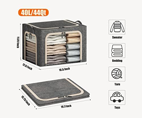 3 Openings Clothes Storage Bins with Metal Frame, Foldable Storage Bin for Clothes, Clothing Storage Bins with Lid, Linen Storage Box With Clear Window＆ Zippers＆ Durable Handles.(3 Pcs,Dark Grey,40L) - Image 6
