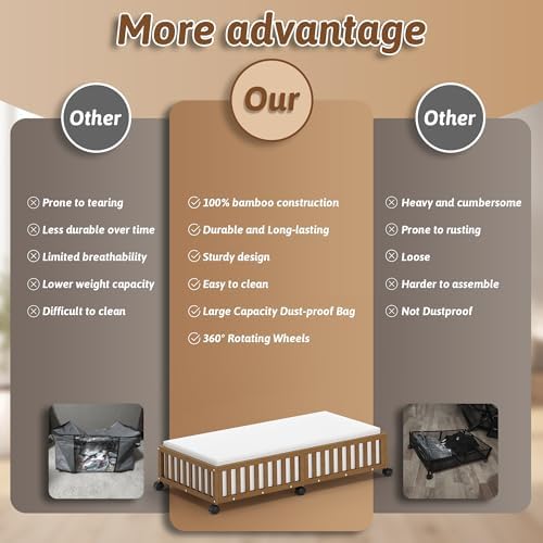 2 Pack Large Bamboo Under Bed Storage Containers with Wheels, Brown - Image 4