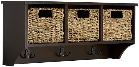SAFAVIEH Home Collection - Finley Dark Chocolate Brown Wall Mounted 3-Basket Storage Rack with Hooks & Seagrass Baskets (HAC5700D) - Image 6