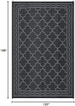 Outdoor Plastic Straw Rug 10x14 Large Patio Rug Vintage Trellis Floor Mat Waterproof Rug for Patio Reversible Outdoor Rugs for RV Beach Patio Camping Backyard Deck Picnic Black Grey - Image 2