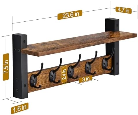 Sorbus Coat Rack Wall Mount with Shelf (Rustic Brown, 24 Inch) - Image 3